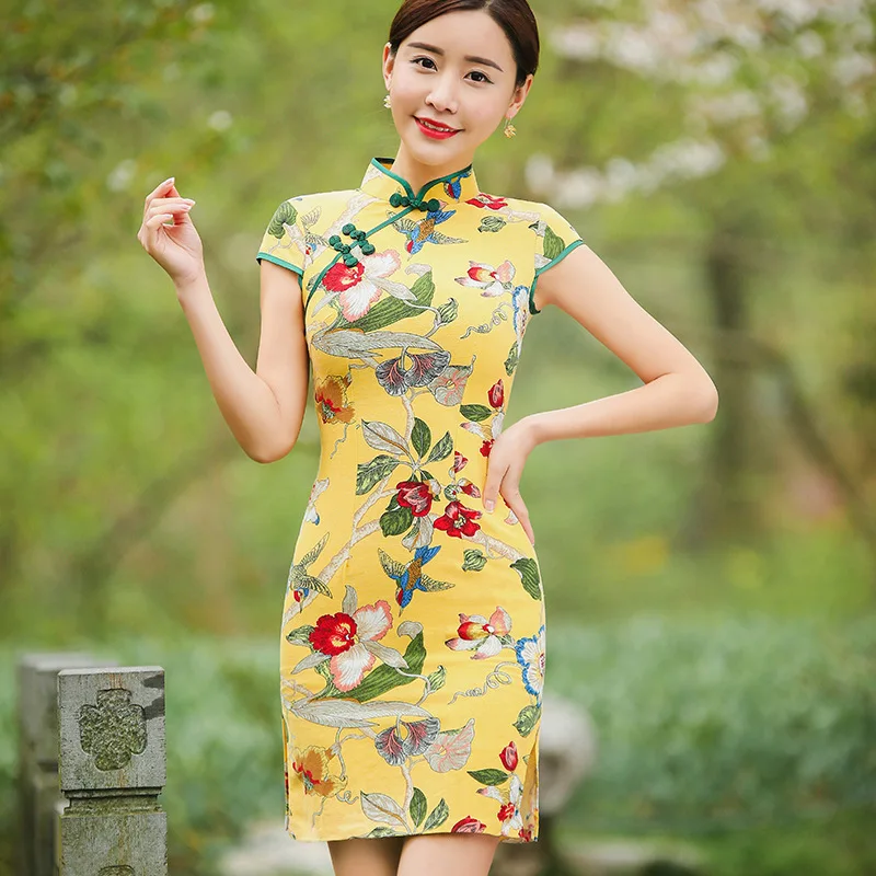 Civichic Новый Для женщин улучшения китайский Cheongsam Цветочный принт льняное платье