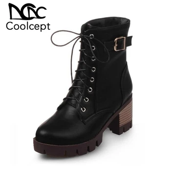 

Coolcept Size 34-43 Women Med Heel Mid Calf Winter Boots Women Metal Buckle Cross Tied Platform Shoes Women Sexy Warm Footwear