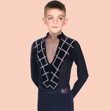 Мальчики латинские Танцы костюмы дети Латинской сальсы; практические занятия танцами одежда цвет: черный, Синий Топы для мальчиков для Бальных и латиноамериканских танцев костюмы