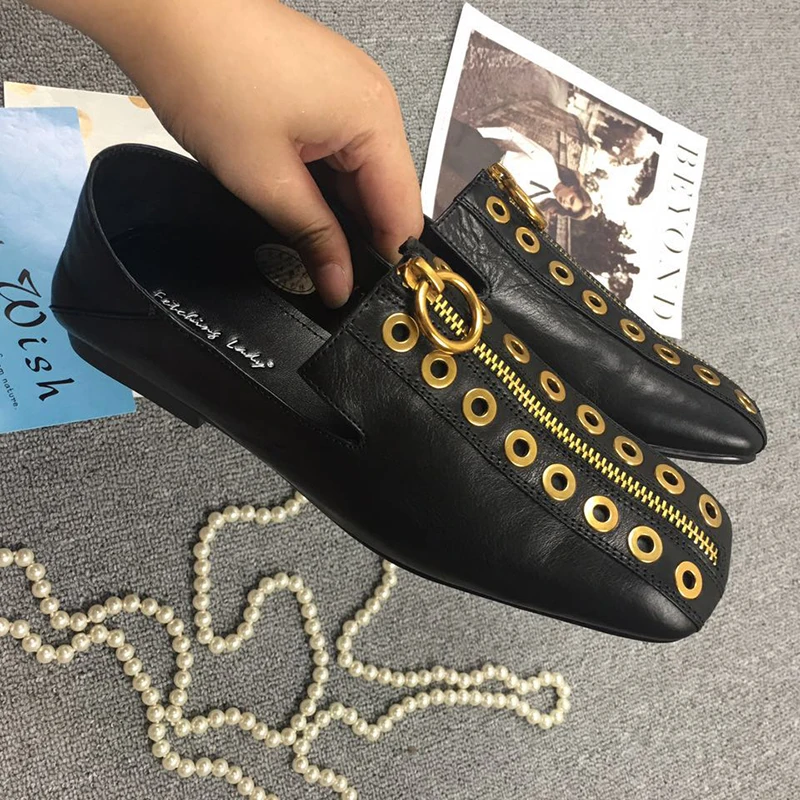 Marca Para Ocio Black Zip Calzado Punk Diseñador Zapatos Frente Femenino Rivet De Las Pisos Mules Toe Flats Cuadrado Cuero brown Mujeres Genuino xHq0ggB
