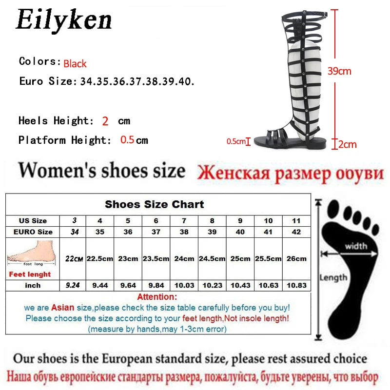 Eilyken новые заклепки, застежка-молния Для женщин гладиаторские римские сандалии до колена с открытым носком, высокие, для отдыха; сандалии; обувь на плоской подошве размер 35–39