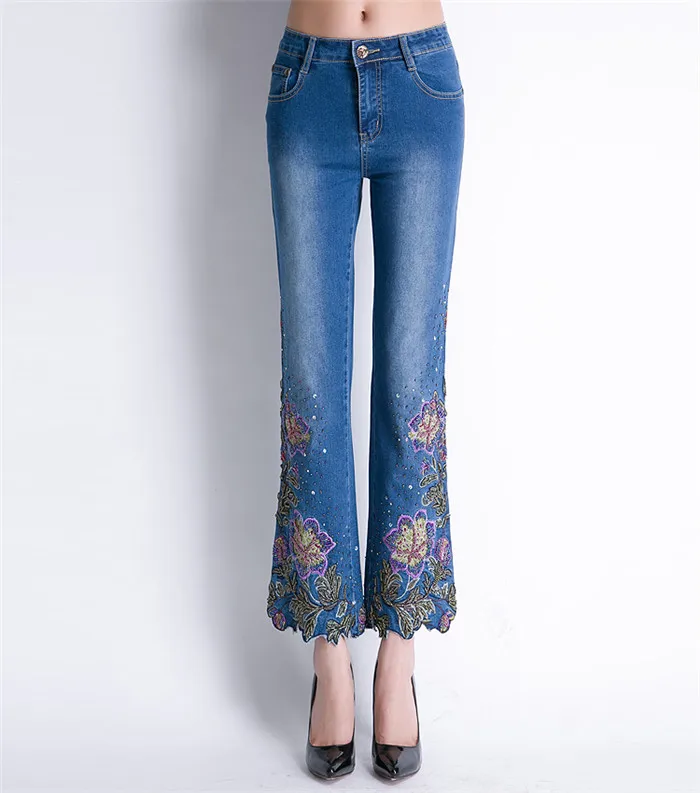 

Spring and autumn stretch slim flare jeans embroidery flower Ankle-Length women's