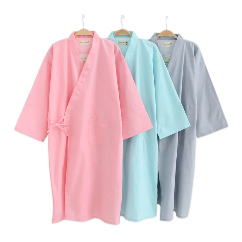 Простой японские кимоно халаты весна с длинными рукавами 100% хлопок дамы Халат свежий сплошной цвет Повседневная халате женские