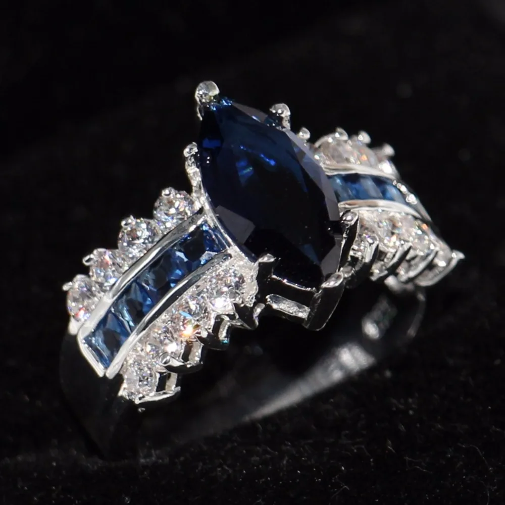 

Drop Shipping Wholesale Luxury Jewelry 925 Sterling Silver Blue Clear Cubic Zirconia Party Women Wedding Band Finger Ring Gift