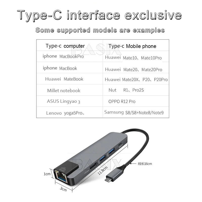 Basix Type C Hub USB-C Hdmi 4K Adapter USB C Hub To Gigabit Ethernet Rj45 Lan Adapter for Mac Book Pro Huawei P30/P20 USB-C hub
