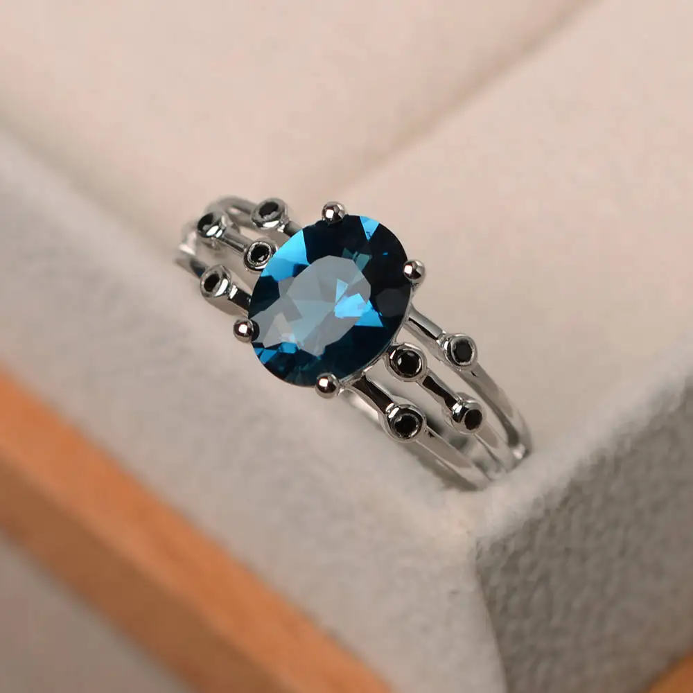 

Blue Topa Sapphire Ring Silver Color S925 Obsidian Bizuteria Amethyst Turquoise Gemstone Ruby Sapphire jewelry Ring for women