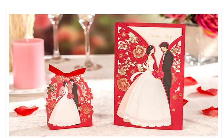 

1set Red Luxury Flora Wedding Invitations Card Elegant Bride and Groom Invitation Card Favor Envelopes Wedding Party Decoration