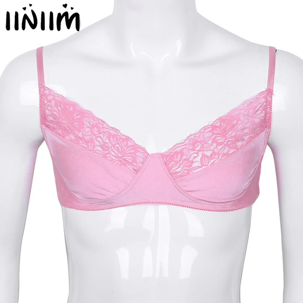 

iiniim Mens Sissy Lingerie Exotic Tanks Bralette Smooth Fabric Breathable Lace Wire-free Bra Top with Adjustable Shoulder Straps