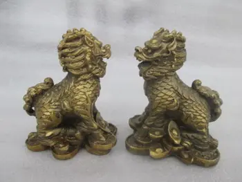 

The ancient Chinese sculpture copper pair of lions feng shui kirin dog statues