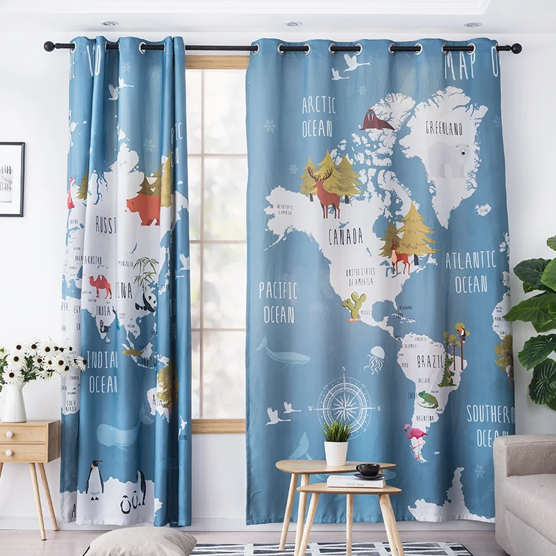 Colorful animal world map printed kids curtains for living room boys girls bedroom study balcony shade children's Room curtain