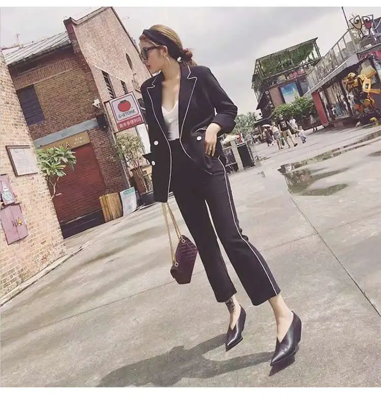 2018 Autumn Winter New Style Lapel Long Sleeved  Jacket  Flare Cuff Pants Office Lady High End Female Two Pcs Suit Female