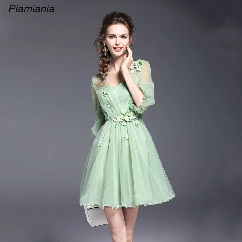 

Women Summer Sweet Elegant Robes Lantern Sleeves Mesh Floral Appliques A Line Short Mini Dress Party Holiday Dress Vestidoes