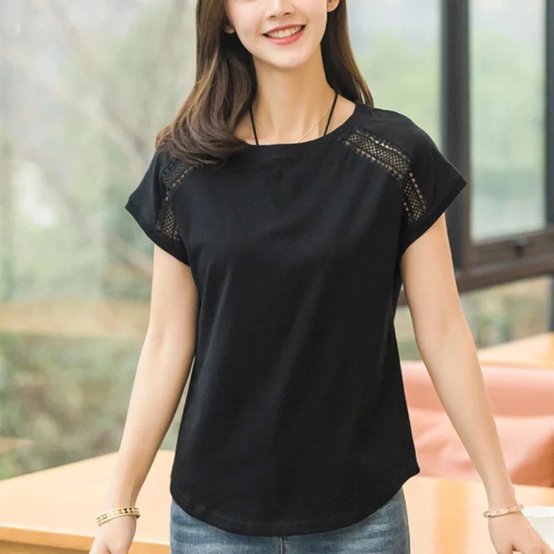 5XL плюс размер футболка Femme летняя корейская мода выдалбливают Хлопок Женская футболка Повседневная короткая летучая мышь рукав топы футболки