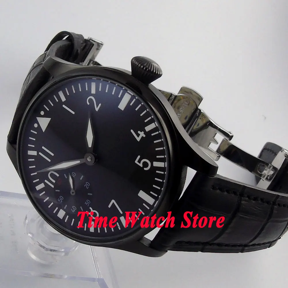 Parnis 44mm black sterile dial PVD case black leather strap hand winding 6497 men's watch 290A