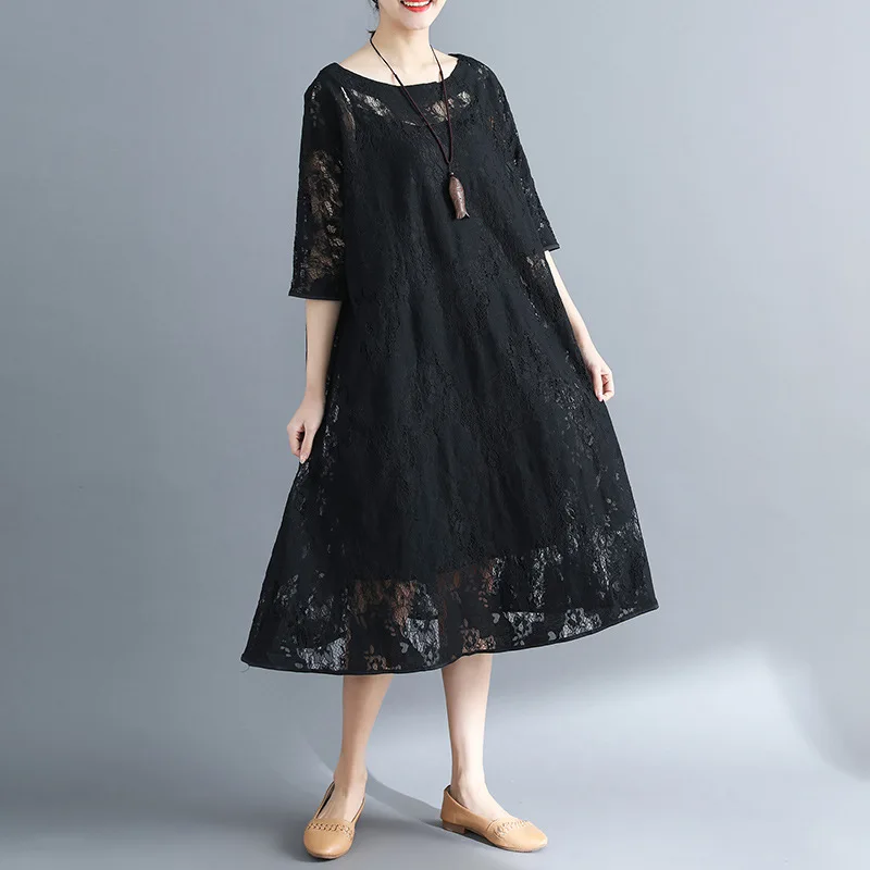 

Johnature 2019 Summer New Women Lace Dress O-Neck Half Sleeve Casual Sweet 3 Color Brief Women Clothes Two-Piece Set Dresses