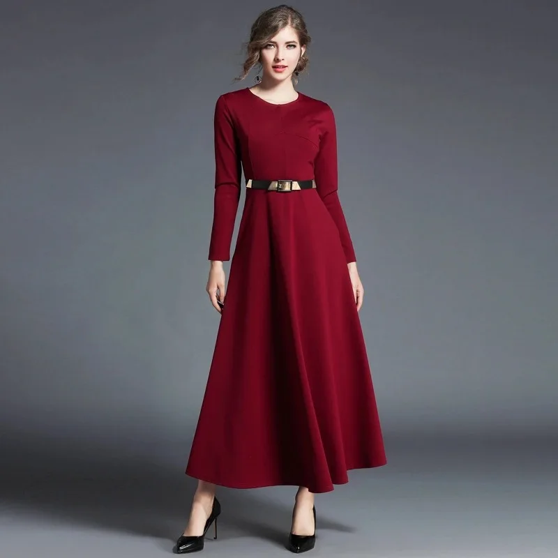 Women Long dress 2018 Spring Pocket Long sleeve A line Solid Color Red