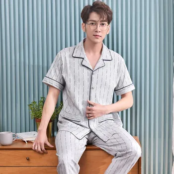 

Gray color high quality summer men pajamas V neck pijama men 100% cotton short sleeve male pyjama homme