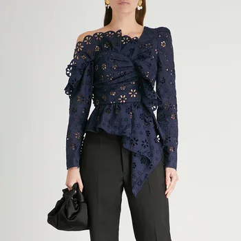 

Spring&Summer 2019 New Sexy Fashion Off Shoulder Hollow out Lace Shirts Blouse Irregular Bottom Long Sleeve Tops