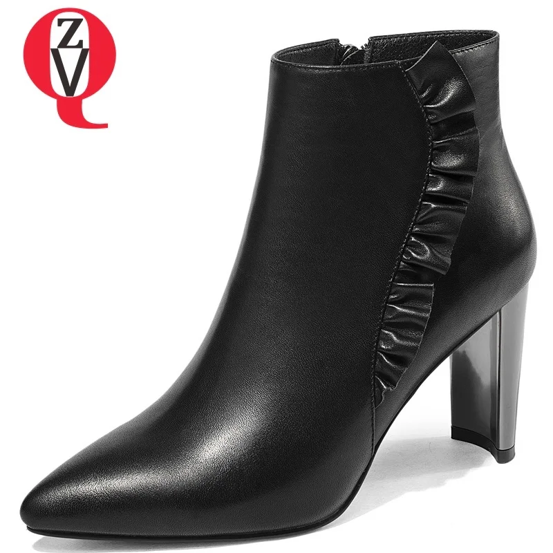 

ZVQ winter new fashion sexy high quality genuine leather shoes women super high strange style pointed toe ruffles zip booties
