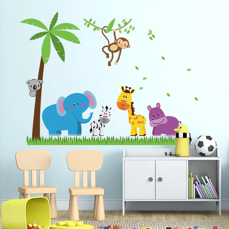 

2set Removable Wall Sticker Coconut Tree Monkey Elephant Zebra Giraffe Hippo For Kid Bedroom Wall Sticker Animal Murals SK9039