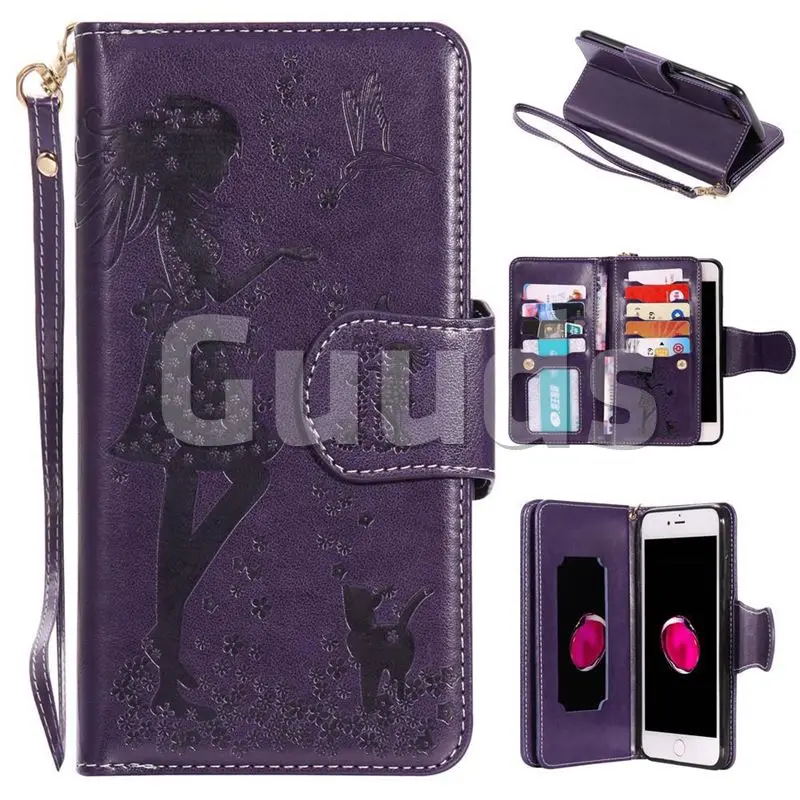 Embossing Cat Girl 9 Card Leather Wallet Case for iPhone 8 Plus / 7 Plus 7P(5.5 inch) - Purple
