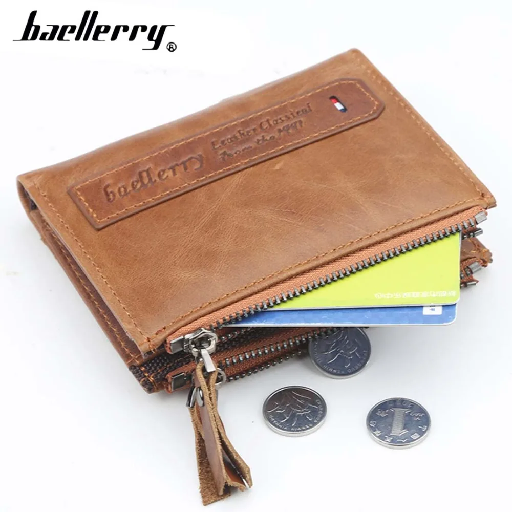 Baellerry Men Wallets Genuine Cow Leather Double Zipper Card Holder High Quality Male Purse Vintage Coin Holder Men Wallets