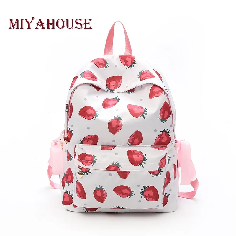 

Miyahouse Cute Candy Color Canvas Backpacks Strawberry Printed School Bookbag For Girl Bow Design Travel Rucksacks High Capacity