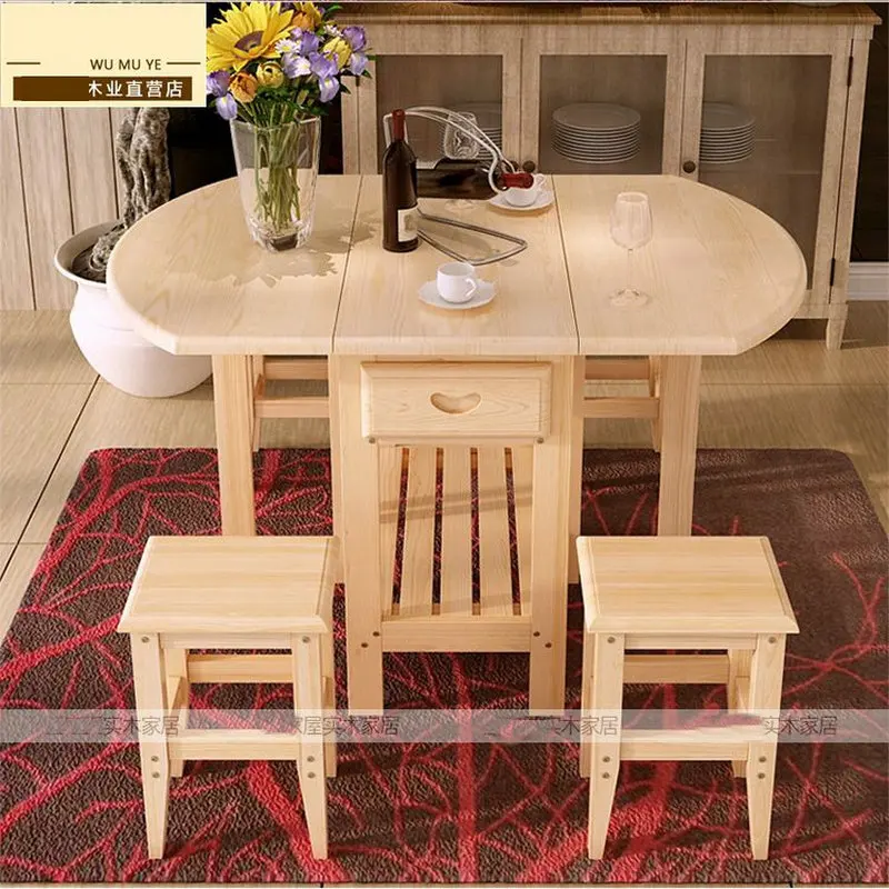 Semi-Circle Foldable Pine Solid Wood Living Room Furniture Coffee Dining Table (NO Drawers/Chairs) Children Lacquer Health
