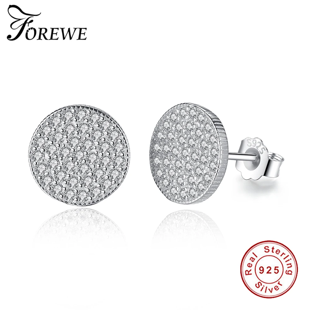 

FOREWE 2018 Sterling Silver 925 Stud Earrings Round Shape Paved AAA CZ Shiny Crystal Earrings for Women Wedding Jewelry Gift