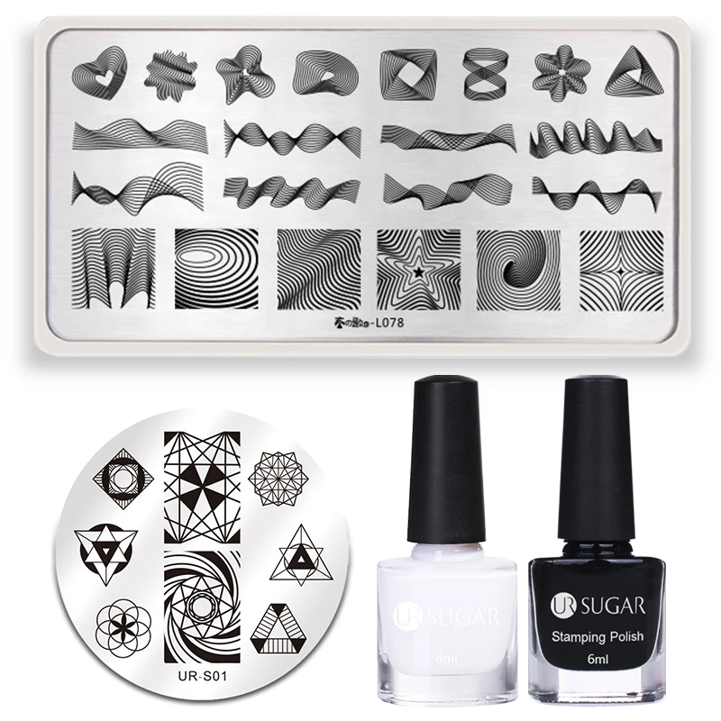 

UR SUGAR 4Pcs Stamping Polish Plate Set 6ml Black White Polish French Cloud Net Template for Nail Decoration