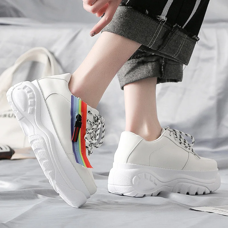

Women's Vulcanize Shoes Autumn Woman Zippers Casual Sneakers 2019 Tide Thick Bottom Rainbow Lace-Up Female Footwear Big Size 41