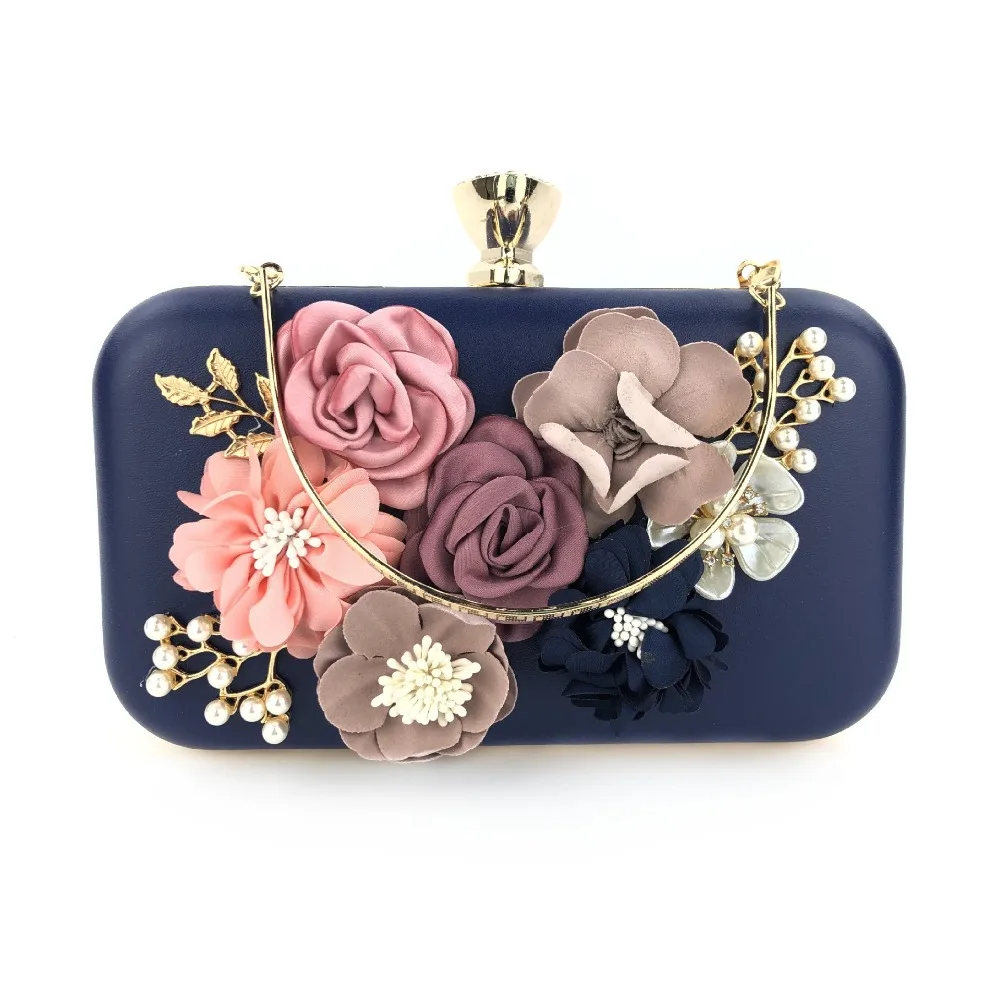 Women's Evening Clutch Bag Dark Blue Flower Design, Pink Wedding Rhinestone Purse, Ladies Day Clutches Handbag image 5
