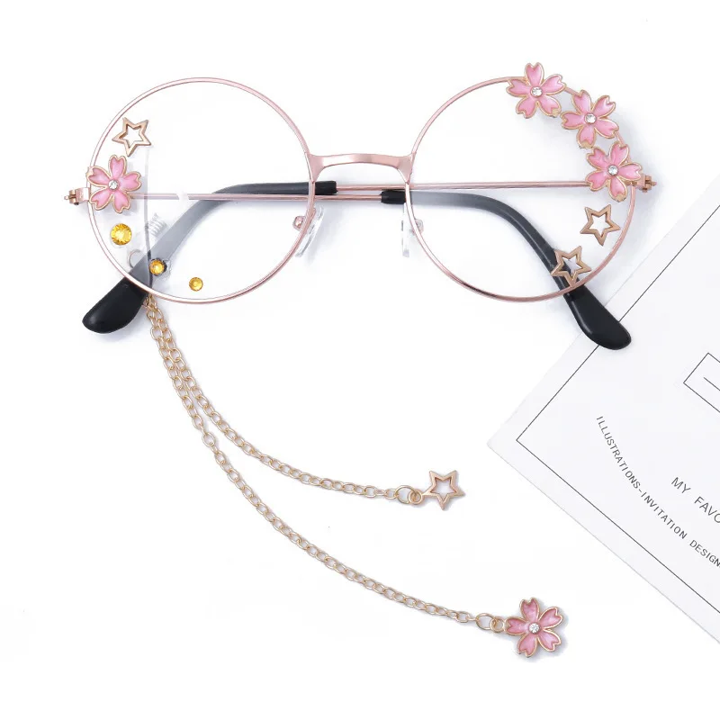 

Vintage Sakura Pendant Clear Optical Glasses Frame Women Round Cute Girls Retro Gothic Handmade Eyewear Glass Oculos De Gafas