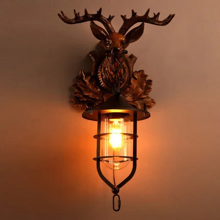 

Loft Style Vintage Wall Lamp Personality Wall Light Bar Edison Wall Lamps Resin Material Personality Deer Head Art Deco Lighting