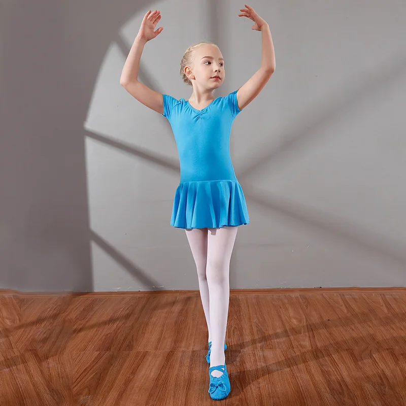 

Новое балетное платье для девочек с коротким рукавом и v-образным вырезом, танцевальное трико, Униформа, танцевальные костюмы, детские танцевальные платья D0778