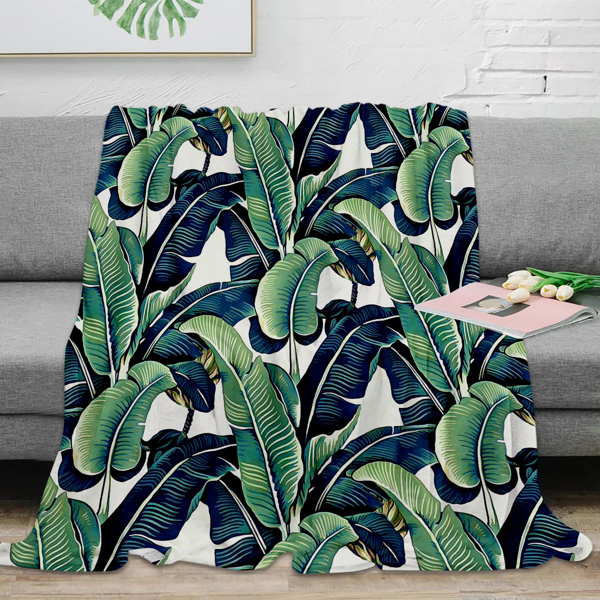 

BIGHOUSES Throw Blanket Green Plant Throw Blanket Banana leaves Warm Microfiber Blanket Flannel Blanket For Bedroom