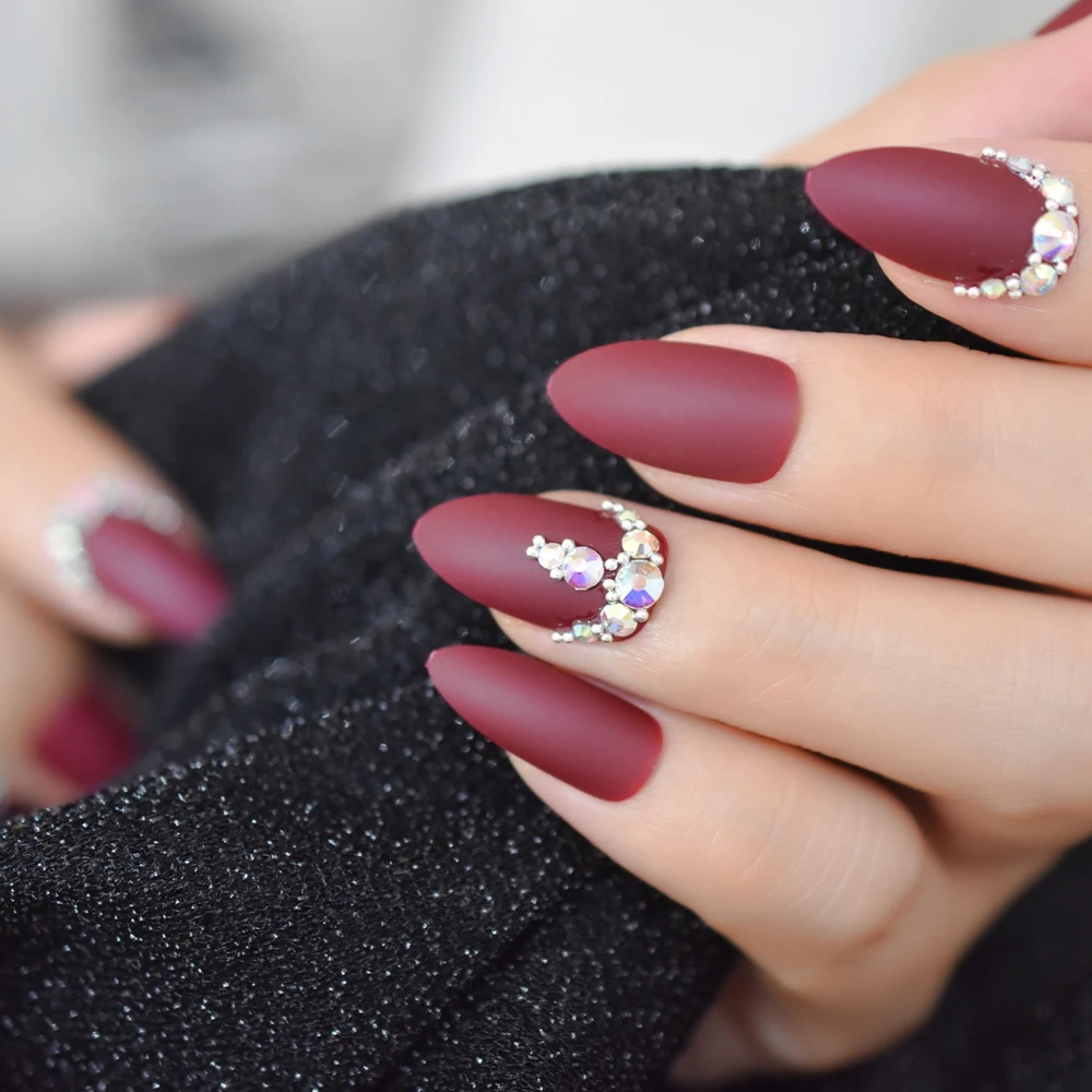 3D Frosted Burgundy Matte Stiletto False Nails White 24pcs Amlond Sharp  Fake Nails AB Gems Finished Pre Design Full Nail Tips|False Nails| -  AliExpress