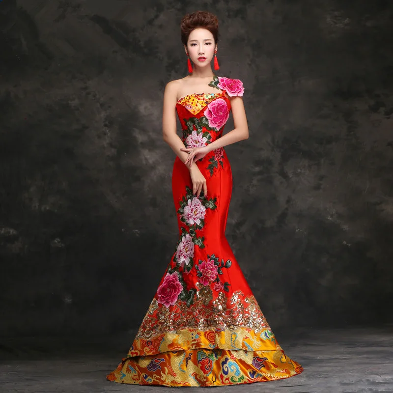 Традиционная красная Невеста китайский стиль вышивка русалка со шлейфом свадебное Cheongsam длинное вечернее китайское платье-Ципао платья Китайский Халат
