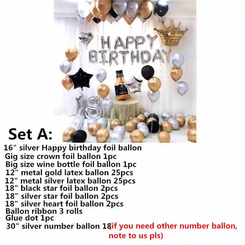 Украшения для дня рождения взрослый счастливый воздушный шар на день рождения гирлянда золото черный розовый синий металлические шары из латекса набор украшение на годовщину - Цвет: Set A