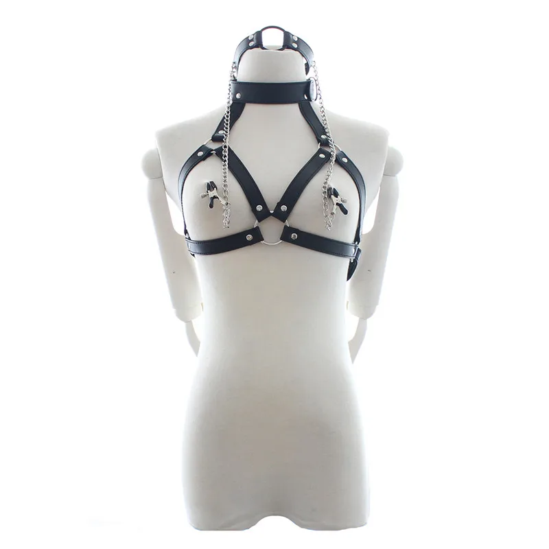 BDSM Bondage Set Oral Sex Open Mouth O Ring Gag Nipple Clamps Papilla Tits Clips Sexy PU Leather Bra Adult Torture Gear | Красота и