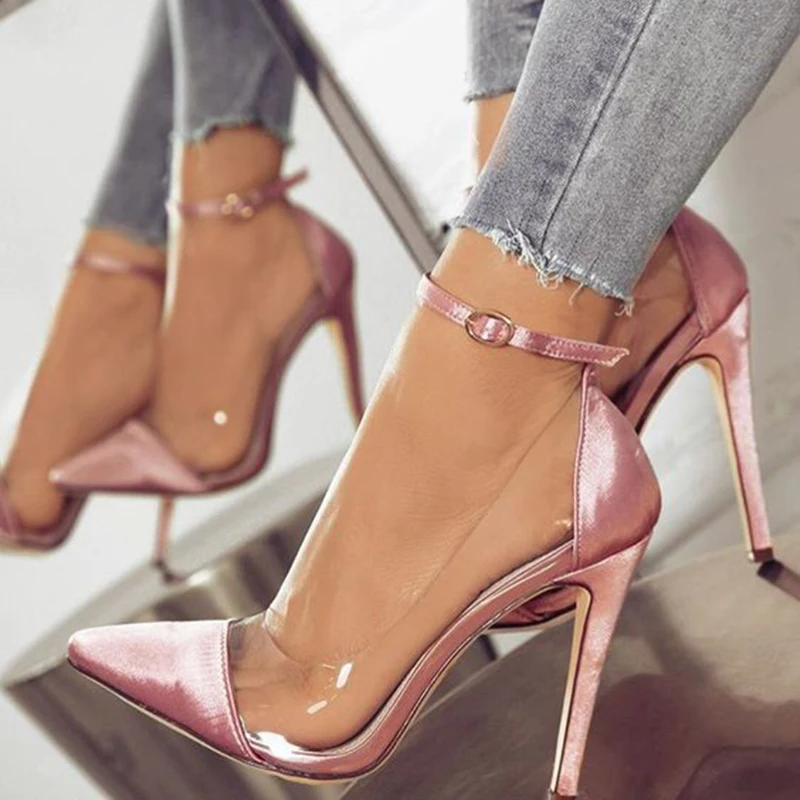 New Style High Heel Pointed Monochrome Belt Buckle Stylish Women'S Single Shoes Rose Red Pink Black Apricot Color Size 34 And 43