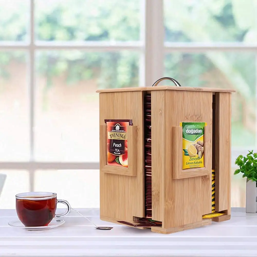 

Decorated Rotating Bamboo High Capacity Tea Bag Display Box Countertop Storage Organizer with 4 Compartments for Holding Tea Bag