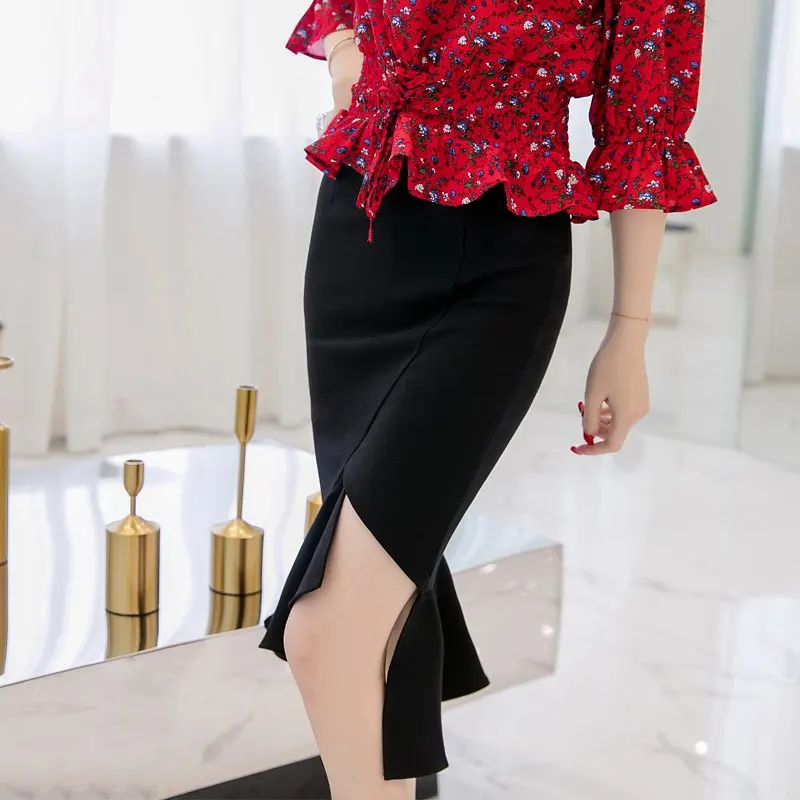 SEXMKL Plus Size Womens Red Skirts Winter 2018 Korean Elegant Sexy Bodycon Ruffle Skirt Office High Waist Pencil Black Skirt Skirts