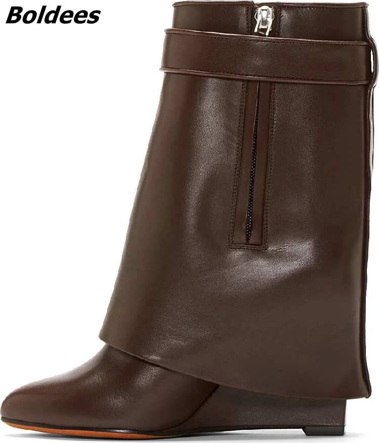 

Unique Design Chic Black Turned Over Buckle Ankle Boots Fashion Women Side Zip Wedge Boots Hot Selling Pointed Toe Shoes