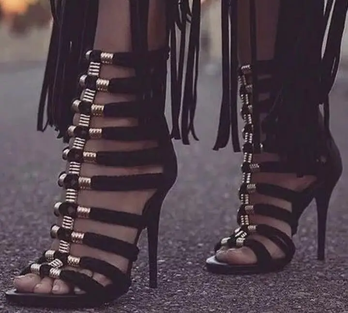 2017 Summer Knitted Cut Outs High Heel Sandal Boots Metal Decoration Open Toe Back Zipper Gladiator