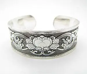Women Peony Tibetan Bracelet Silver Cuff Bangles For Women Fashion Jewelry