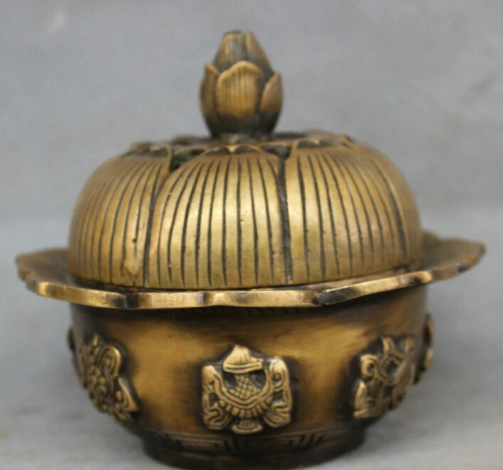 

Fast shipping USPS to USA S1231 Tibet Bronze Buddhism Auspicious Lotus Flower Statue Bowl Incense Burner Censer