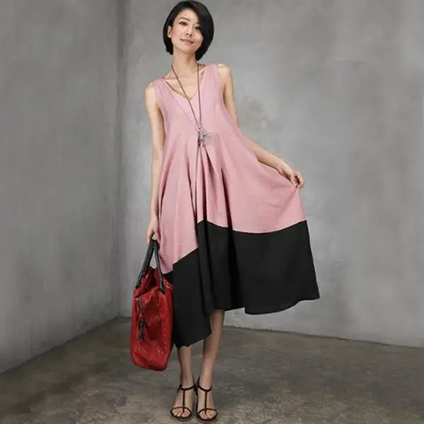 BUYKUD Women Summer Fashion Boho Splicing Loose Evening Party Beach Dress Sleeveless Sundress Women clothes (2)