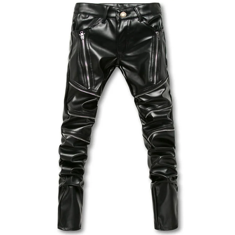

Mcikkny Fashion Personality Men Skinny Faux Leather Pants Black Motorcycle Shinny Leather Trousers Slim Fit Male Joggers Stretch