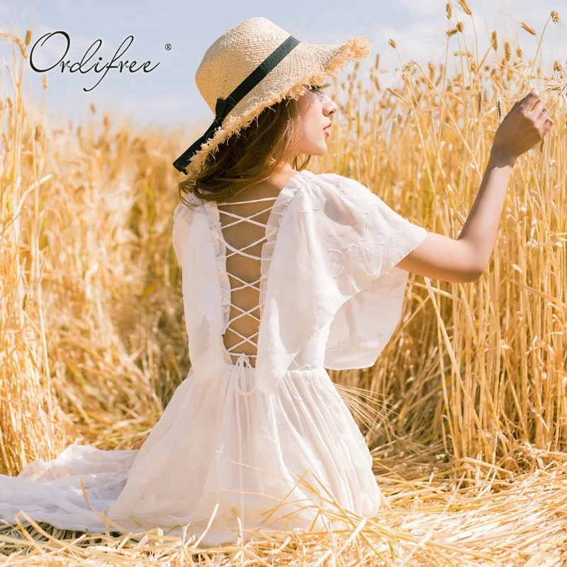 Женское длинное пляжное платье Ordifree белое шифоновое макси на шнуровке с открытой